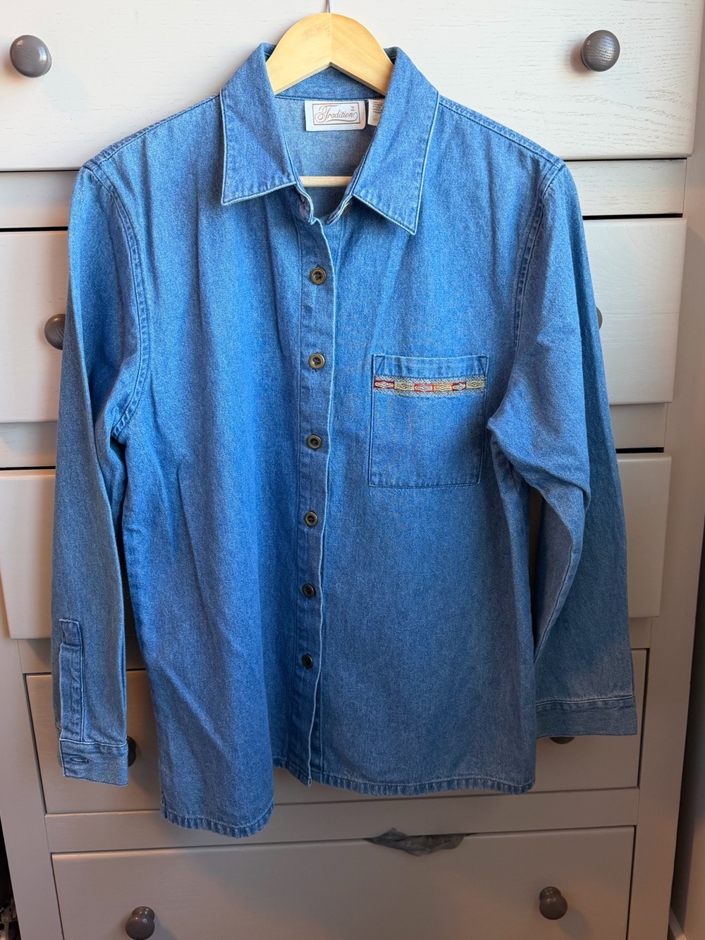 Vintage Southwestern Denim Button-Up Shirt with Embroidered Pocket